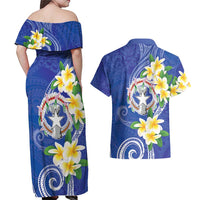 Northern Mariana Islands Chamorro Couples Matching Off Shoulder Maxi Dress and Hawaiian Shirt Plumeria Curves Style Navy Version