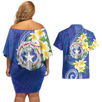 Northern Mariana Islands Chamorro Couples Matching Off Shoulder Short Dress and Hawaiian Shirt Plumeria Curves Style Navy Version