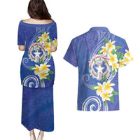 Northern Mariana Islands Chamorro Couples Matching Puletasi and Hawaiian Shirt Plumeria Curves Style Navy Version