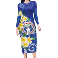 Northern Mariana Islands Chamorro Family Matching Long Sleeve Bodycon Dress and Hawaiian Shirt Plumeria Curves Style Navy Version