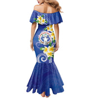 Northern Mariana Islands Chamorro Family Matching Mermaid Dress and Hawaiian Shirt Plumeria Curves Style Navy Version