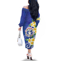 Northern Mariana Islands Chamorro Family Matching Off The Shoulder Long Sleeve Dress and Hawaiian Shirt Plumeria Curves Style Navy Version