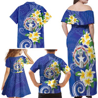 Northern Mariana Islands Chamorro Family Matching Off Shoulder Maxi Dress and Hawaiian Shirt Plumeria Curves Style Navy Version