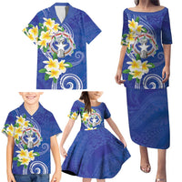 Northern Mariana Islands Chamorro Family Matching Puletasi and Hawaiian Shirt Plumeria Curves Style Navy Version