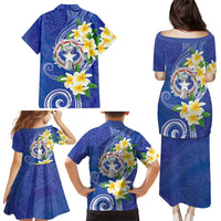 Northern Mariana Islands Chamorro Family Matching Puletasi and Hawaiian Shirt Plumeria Curves Style Navy Version