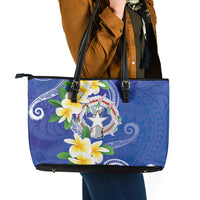 Northern Mariana Islands Chamorro Leather Tote Bag Plumeria Curves Style Navy Version LT05 - Polynesian Pride