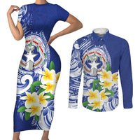 Northern Mariana Islands Couples Matching Short Sleeve Bodycon Dress and Long Sleeve Button Shirt Polynesian Pattern With Frangipani
