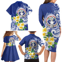 Northern Mariana Islands Family Matching Long Sleeve Bodycon Dress and Hawaiian Shirt Polynesian Pattern With Frangipani