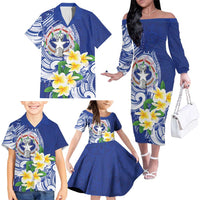 Northern Mariana Islands Family Matching Off The Shoulder Long Sleeve Dress and Hawaiian Shirt Polynesian Pattern With Frangipani