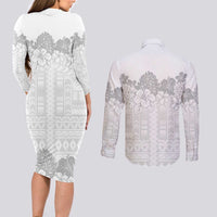 Samoa Lotu Tamaiti Couples Matching Long Sleeve Bodycon Dress and Long Sleeve Button Shirt White Sunday Polynesian Pattern With Tropical Flowers