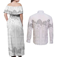 Samoa Lotu Tamaiti Couples Matching Off Shoulder Maxi Dress and Long Sleeve Button Shirt White Sunday Polynesian Pattern With Tropical Flowers
