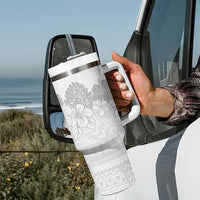Samoa Lotu Tamaiti Tumbler With Handle White Sunday Polynesian Pattern With Tropical Flowers