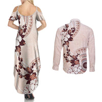 Bula Fiji Language Week Couples Matching Summer Maxi Dress and Long Sleeve Button Shirt Fijian Tapa Pattern With Tagimoucia Flower