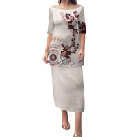 Bula Fiji Language Week Puletasi Fijian Tapa Pattern With Tagimoucia Flower LT05 Long Dress Beige - Polynesian Pride