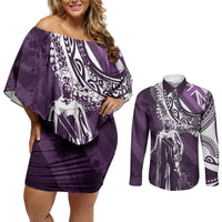 Hawaii Queen Liliuokalani Couples Matching Off Shoulder Short Dress and Long Sleeve Button Shirt Hawaiian Maile Lei Flag Style LT05 Purple - Polynesian Pride