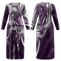 Hawaii Queen Liliuokalani Family Matching Long Sleeve Bodycon Dress and Hawaiian Shirt Hawaiian Maile Lei Flag Style LT05 Mom's Dress Purple - Polynesian Pride