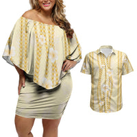 Hawaii Queen Liliuokalani Couples Matching Off Shoulder Short Dress and Hawaiian Shirt Gold Lei Pua Kalaunu LT05 Gold - Polynesian Pride