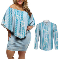 Hawaii Queen Liliuokalani Couples Matching Off Shoulder Short Dress and Long Sleeve Button Shirt Blue Lei Pua Kalaunu LT05 Blue - Polynesian Pride