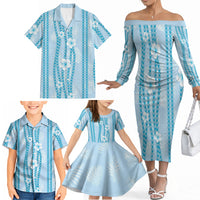 Hawaii Queen Liliuokalani Family Matching Off The Shoulder Long Sleeve Dress and Hawaiian Shirt Blue Lei Pua Kalaunu LT05 - Polynesian Pride