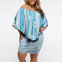 Hawaii Queen Liliuokalani Off Shoulder Short Dress Blue Lei Pua Kalaunu LT05 Women Blue - Polynesian Pride