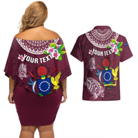 Personalized Cook Islands Mangaia Couples Matching Off Shoulder Short Dress and Hawaiian Shirt Coat Of Arms Plumeria Polynesian Turtle LT05 - Polynesian Pride