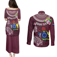 Personalized Cook Islands Mangaia Couples Matching Puletasi Dress and Long Sleeve Button Shirts Coat Of Arms Plumeria Polynesian Turtle LT05 - Polynesian Pride