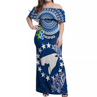 Personalized Cook Islands Pukapuka Off Shoulder Maxi Dress Coat Of Arms Plumeria Polynesian Turtle LT05 Women Blue - Polynesian Pride
