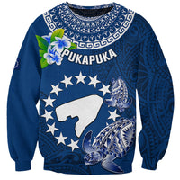 Personalized Cook Islands Pukapuka Sweatshirt Coat Of Arms Plumeria Polynesian Turtle LT05 Unisex Blue - Polynesian Pride