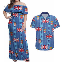 Fiji Masi Tapa Couples Matching Off Shoulder Maxi Dress and Hawaiian Shirt Coat Of Arms - Polynesian Pride