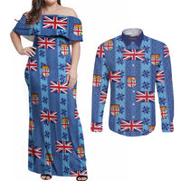 Fiji Masi Tapa Couples Matching Off Shoulder Maxi Dress and Long Sleeve Button Shirt Coat Of Arms - Polynesian Pride