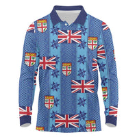 Fiji Masi Tapa Long Sleeve Polo Shirt Coat Of Arms LT05 Blue - Polynesian Pride