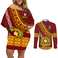 Custom Vavau High School Couples Matching Off Shoulder Short Dress and Long Sleeve Button Shirts Tongan Kupesi Pattern LT05 Red - Polynesian Pride