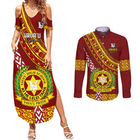 Custom Vavau High School Couples Matching Summer Maxi Dress and Long Sleeve Button Shirts Tongan Kupesi Pattern LT05 Red - Polynesian Pride