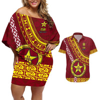 Custom Eua High School Couples Matching Off Shoulder Short Dress and Hawaiian Shirt Tongan Kupesi Pattern LT05 Red - Polynesian Pride