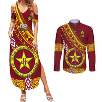 Custom Eua High School Couples Matching Summer Maxi Dress and Long Sleeve Button Shirts Tongan Kupesi Pattern LT05 Red - Polynesian Pride