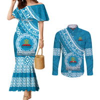 Custom Lavengamalie College Couples Matching Mermaid Dress and Long Sleeve Button Shirts Tongan Kupesi Pattern LT05 Blue - Polynesian Pride