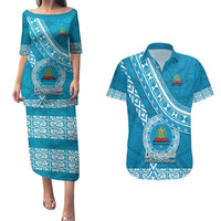 Custom Lavengamalie College Couples Matching Puletasi Dress and Hawaiian Shirt Tongan Kupesi Pattern LT05 Blue - Polynesian Pride