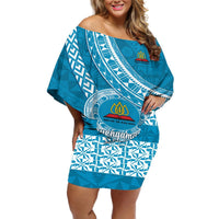 Custom Lavengamalie College Off Shoulder Short Dress Tongan Kupesi Pattern LT05 Women Blue - Polynesian Pride