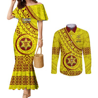 Custom Tonga High School Couples Matching Mermaid Dress and Long Sleeve Button Shirts Tongan Kupesi Pattern LT05 Yellow - Polynesian Pride