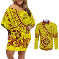 Custom Tonga High School Couples Matching Off Shoulder Short Dress and Long Sleeve Button Shirts Tongan Kupesi Pattern LT05 Yellow - Polynesian Pride