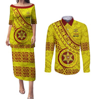 Custom Tonga High School Couples Matching Puletasi Dress and Long Sleeve Button Shirts Tongan Kupesi Pattern LT05 Yellow - Polynesian Pride