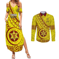 Custom Tonga High School Couples Matching Summer Maxi Dress and Long Sleeve Button Shirts Tongan Kupesi Pattern LT05 Yellow - Polynesian Pride