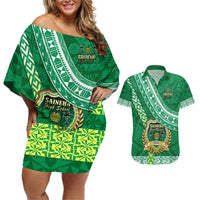 Custom Saineha High School Couples Matching Off Shoulder Short Dress and Hawaiian Shirt Tongan Kupesi Pattern LT05 Green - Polynesian Pride