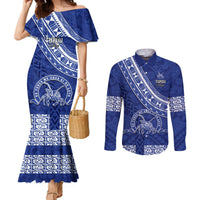 Custom Tupou College Couples Matching Mermaid Dress and Long Sleeve Button Shirts Tongan Kupesi Pattern LT05 Blue - Polynesian Pride