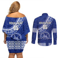 Custom Tupou College Couples Matching Off Shoulder Short Dress and Long Sleeve Button Shirts Tongan Kupesi Pattern LT05 - Polynesian Pride