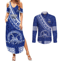 Custom Tupou College Couples Matching Summer Maxi Dress and Long Sleeve Button Shirts Tongan Kupesi Pattern LT05 Blue - Polynesian Pride