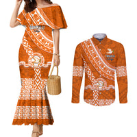 Custom Tailulu College Couples Matching Mermaid Dress and Long Sleeve Button Shirts Tongan Kupesi Pattern LT05 Orange - Polynesian Pride