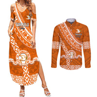 Custom Tailulu College Couples Matching Summer Maxi Dress and Long Sleeve Button Shirts Tongan Kupesi Pattern LT05 Orange - Polynesian Pride