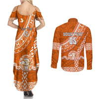 Custom Tailulu College Couples Matching Summer Maxi Dress and Long Sleeve Button Shirts Tongan Kupesi Pattern LT05 - Polynesian Pride