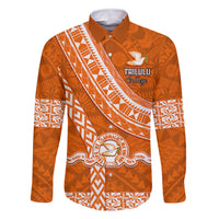 Custom Tailulu College Family Matching Off Shoulder Short Dress and Hawaiian Shirt Tongan Kupesi Pattern LT05 Dad's Shirt - Long Sleeve Orange - Polynesian Pride